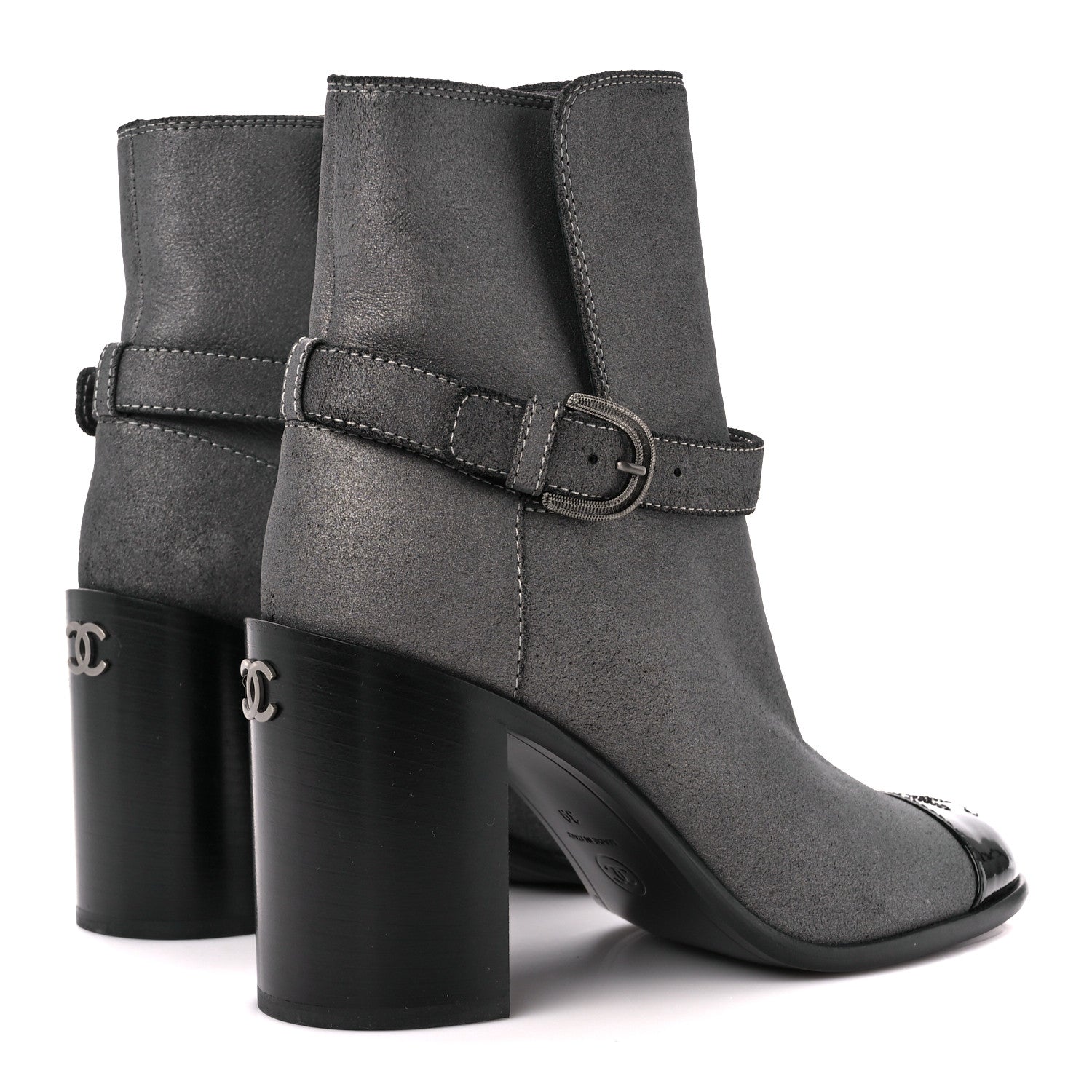 Chanel Suede Kidskin Patent Cap Toe Interlocking CC Ankle Boots 39 Dark Silver Black 4 of 10