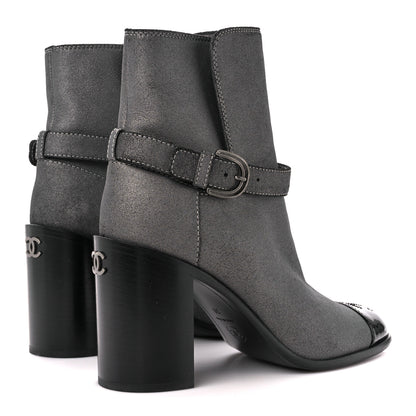 Chanel Suede Kidskin Patent Cap Toe Interlocking CC Ankle Boots 39 Dark Silver Black 4 of 10