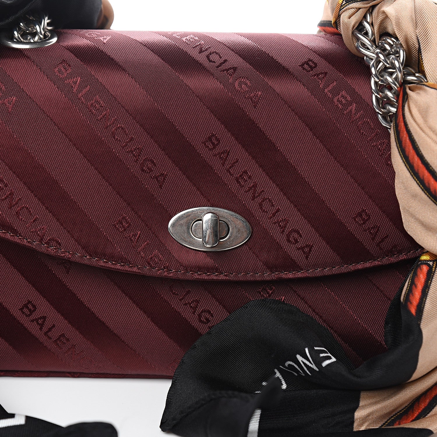 Balenciaga Nylon Jacquard Diagonal Logo Small Scarf Lock Chain Shoulder Bag Rouge Bordeaux Black Beige 10 of 10