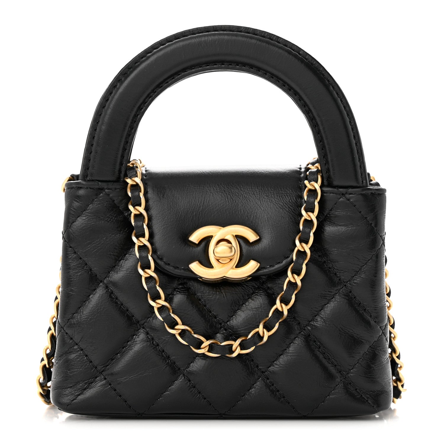 Chanel Shiny Aged Calfskin Quilted Mini Nano Kelly Shopper Black 1 of 11