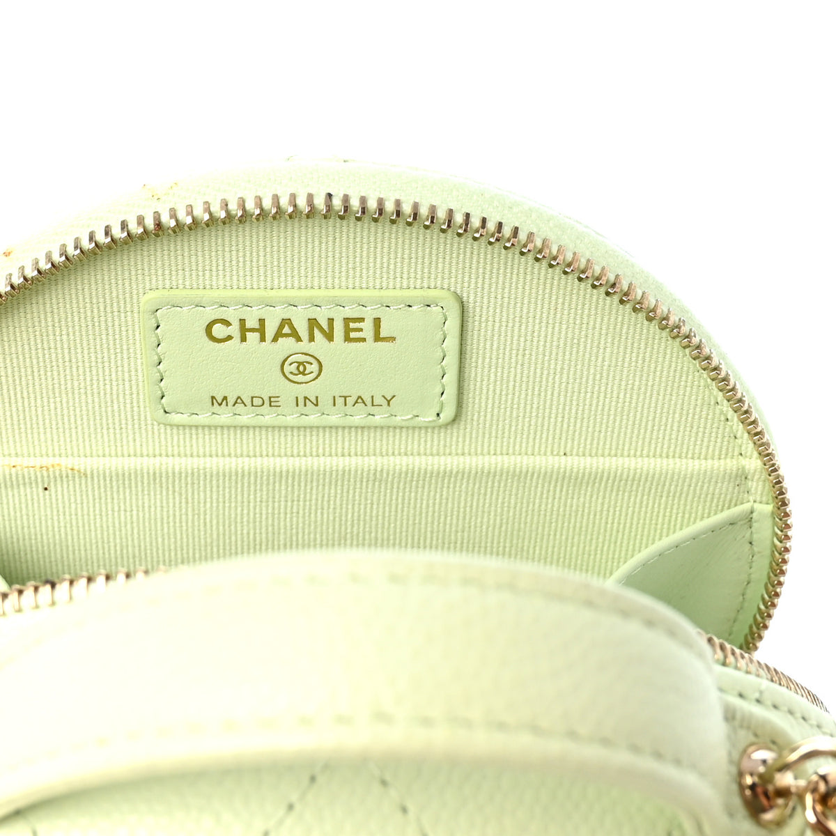 Caviar Quilted Round Handle With Care Vanity With Chain Light Green