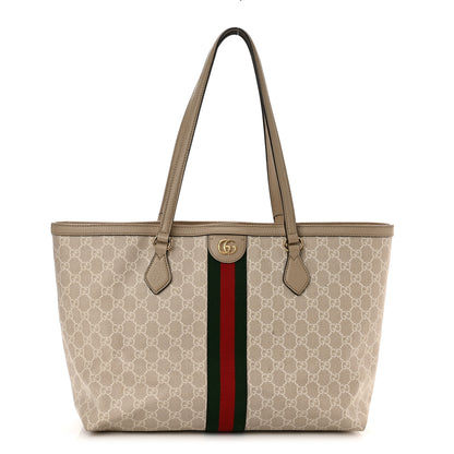 Gucci GG Supreme Monogram Textured Dollar Calfskin Web Medium Ophidia Shopping Tote Beige Mystic White Oatmeal 1 of 12