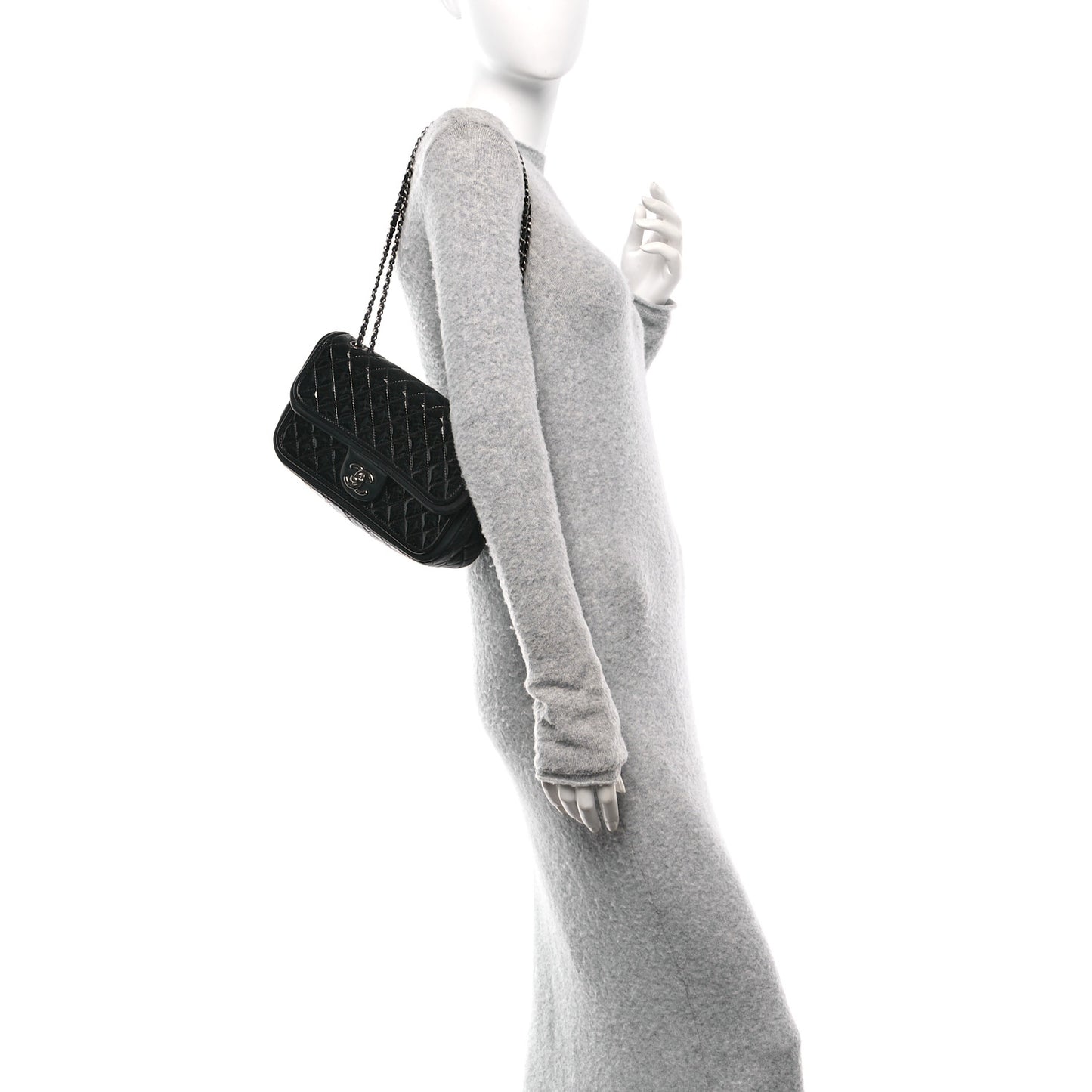 Patent Quilted Classic Twist Flap Bag Black