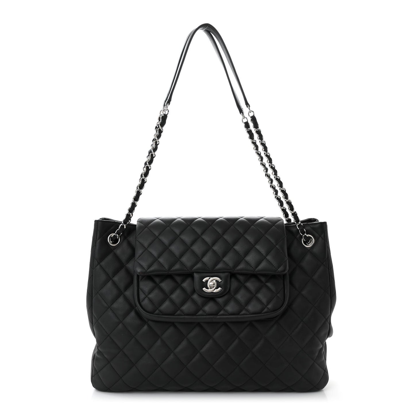 Calfskin Quilted Flap Tote Black