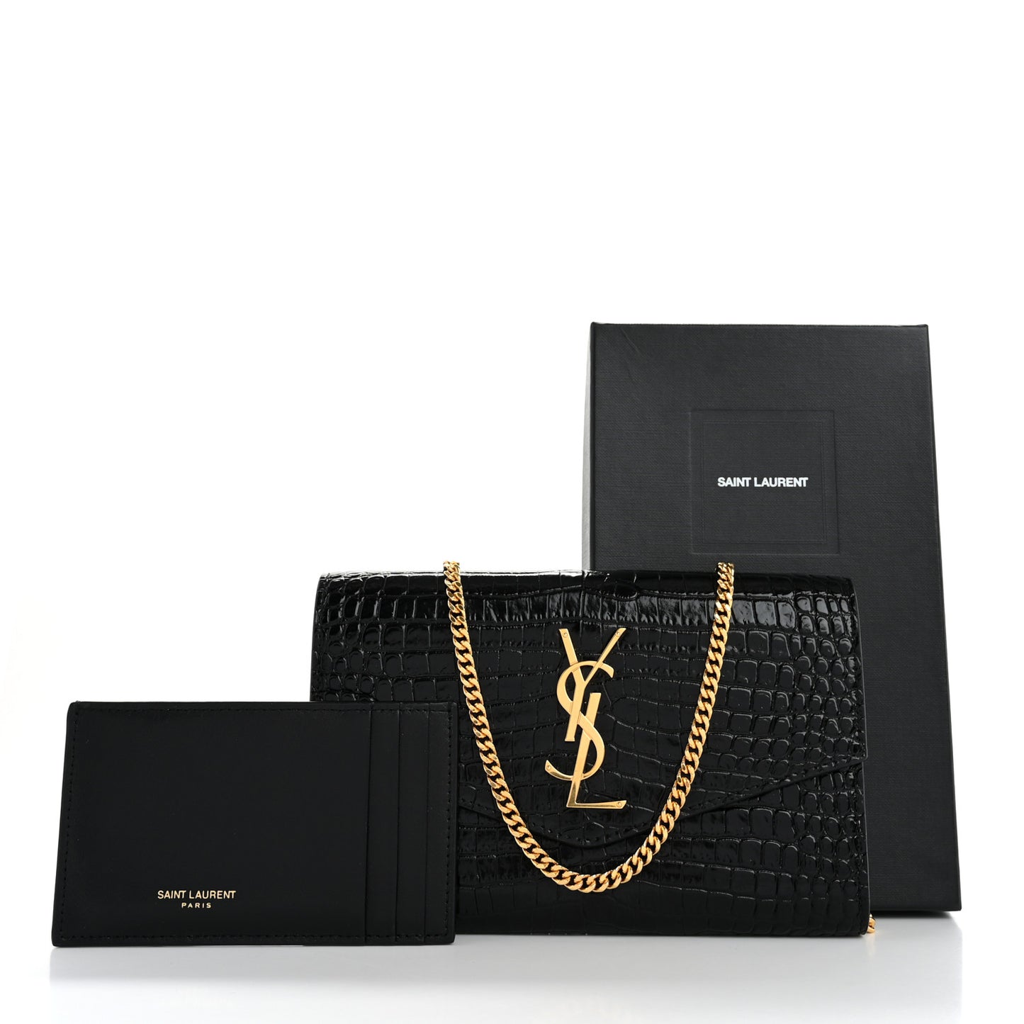 Calfskin Crocodile Embossed Monogram Uptown Chain Wallet Black