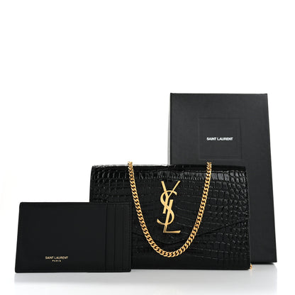 Saint Laurent Calfskin Crocodile Embossed Monogram Uptown Chain Wallet Black 16 of 16