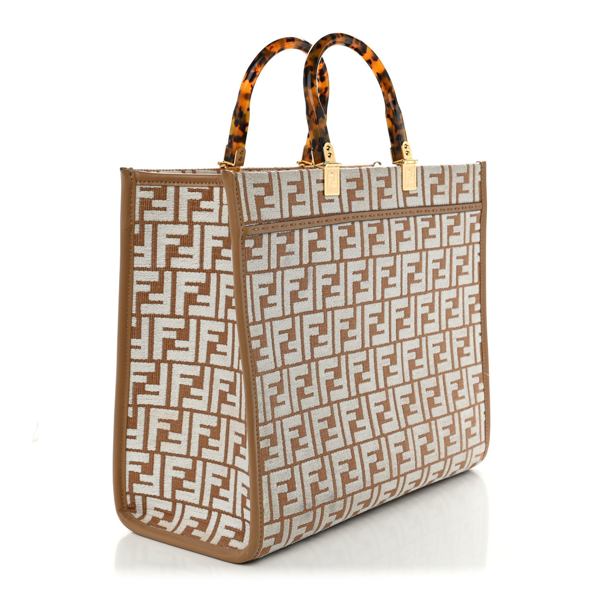 Woven Fabric Calfskin FF Medium Fendi Sunshine Shopper Tote Natural White Dark Honey