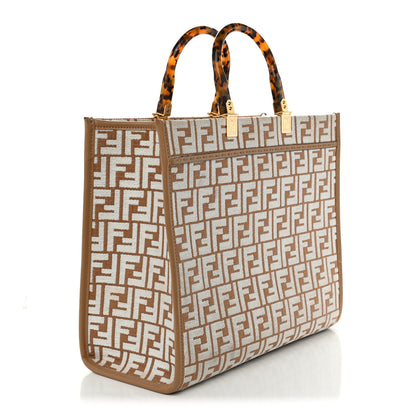 Fendi Woven Fabric Calfskin FF Medium Fendi Sunshine Shopper Tote Natural White Dark Honey 3 of 12
