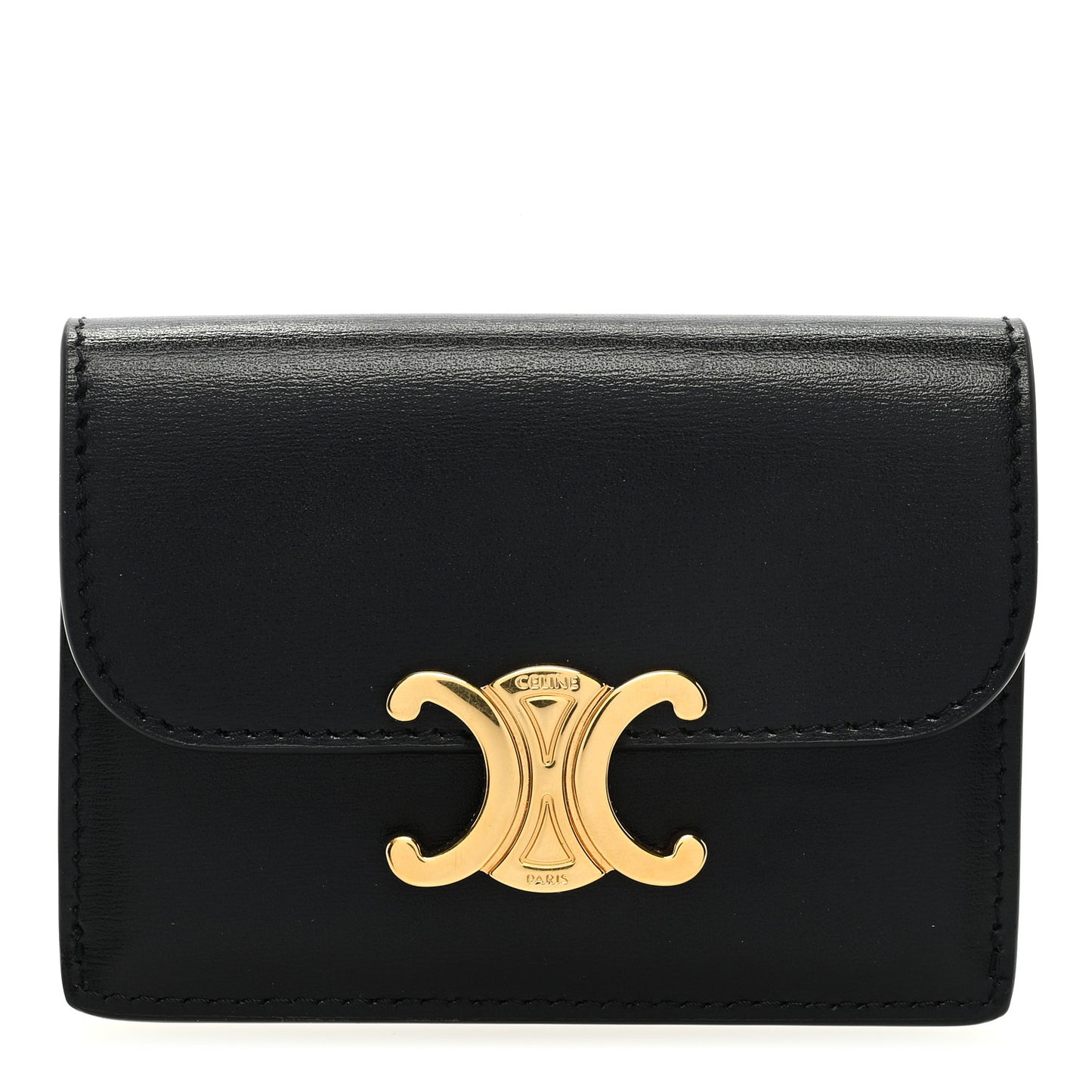Shiny Calfskin Triomphe Flap Card Holder Black