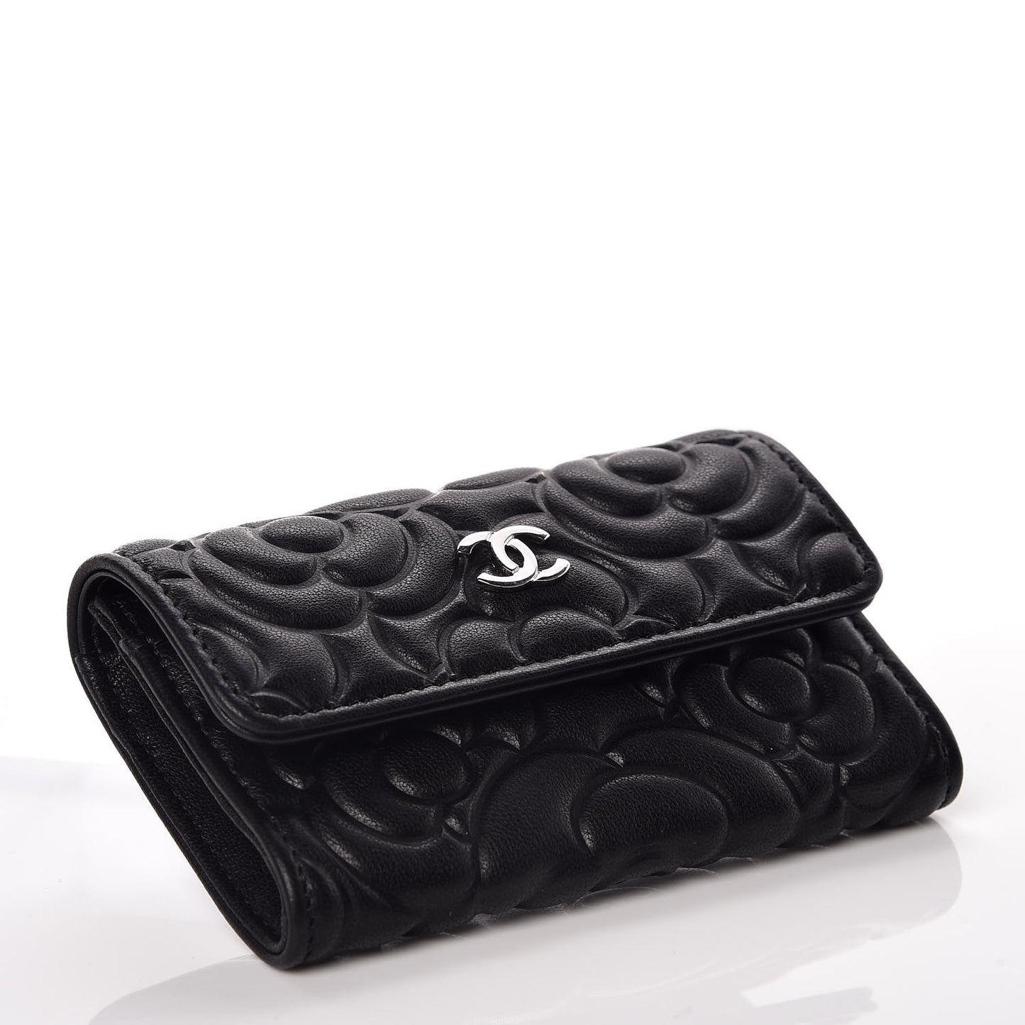 Lambskin Camellia Embossed Card Holder Wallet Black