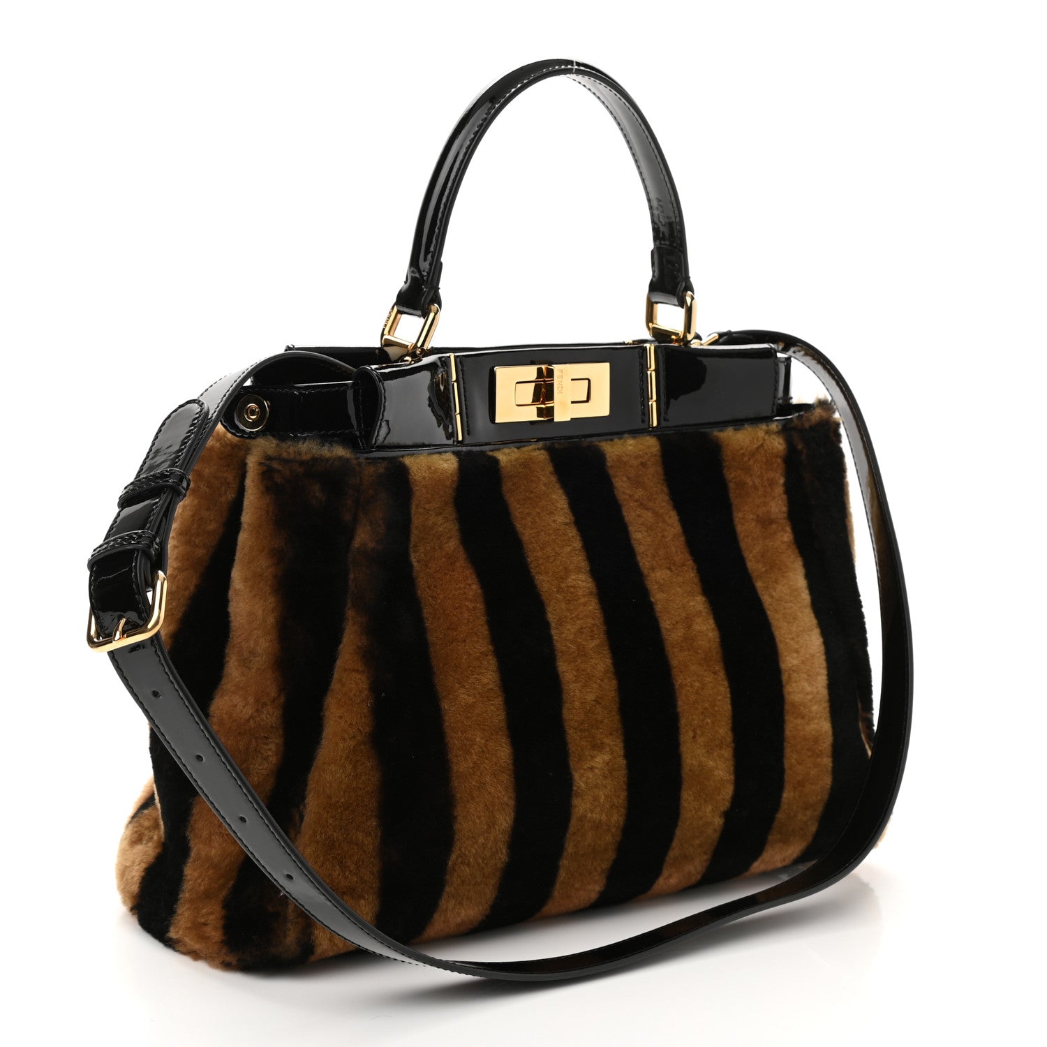Fendi Shearling Vitello Vernice Mou Pequin Striped Medium Peekaboo Iconic Satchel Tobacco Black 3 of 9