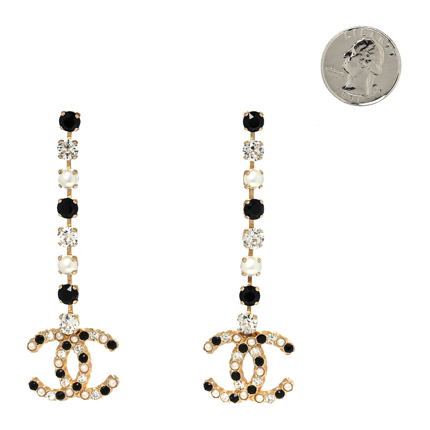 Chanel Resin Crystal Pearl CC Long Drop Earrings Gold Black 2 of 4
