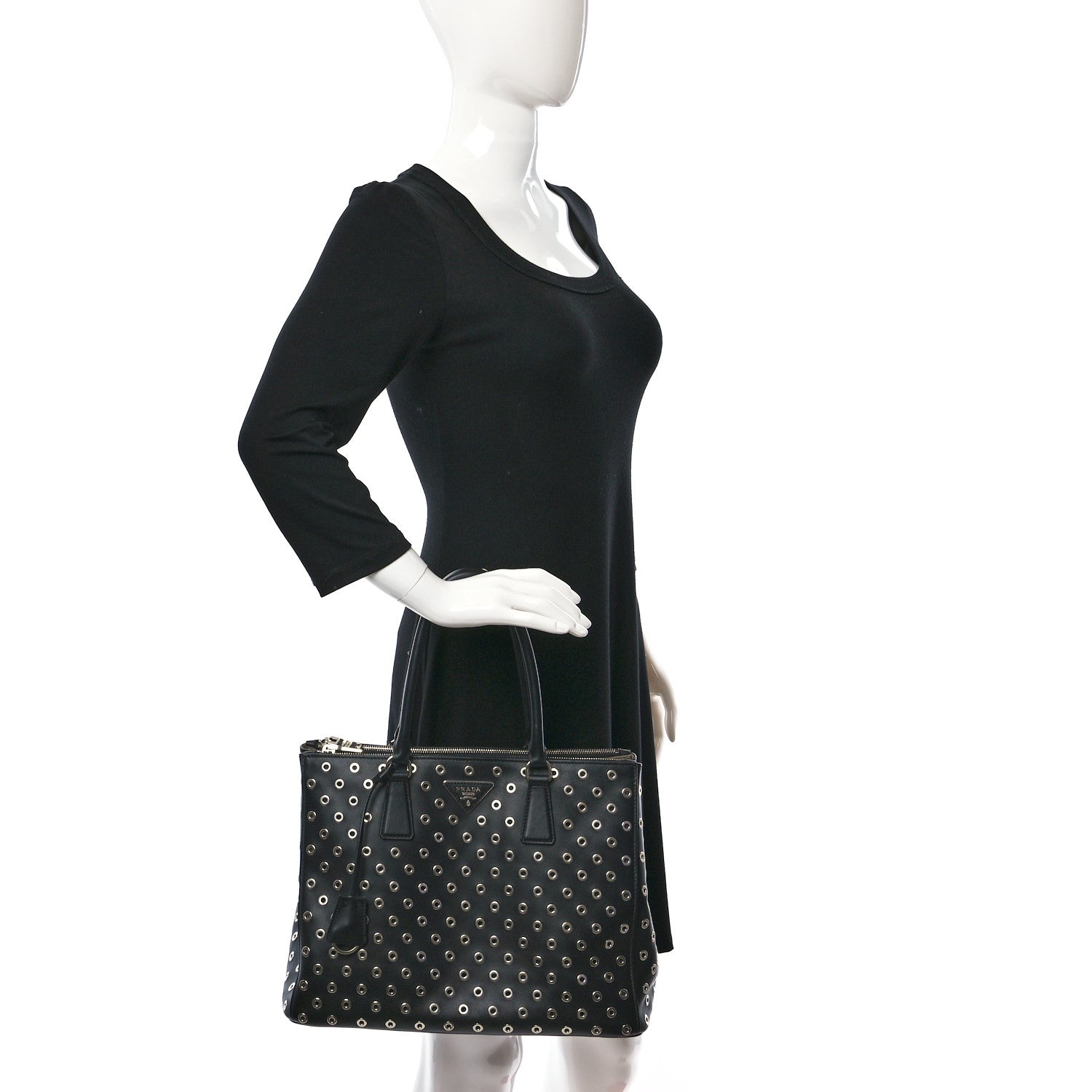 Prada City Calf Grommet Large Double Zip Tote Black 3 of 11