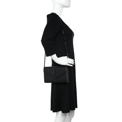 Saint Laurent Grain De Poudre Matelasse Chevron Monogram Monochrome Chain Wallet Black 2 of 13