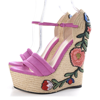 Gucci Kid Scamosciato Ophelia Espadrille Platform Wedge Sandals 37 Rododendro 3 of 10