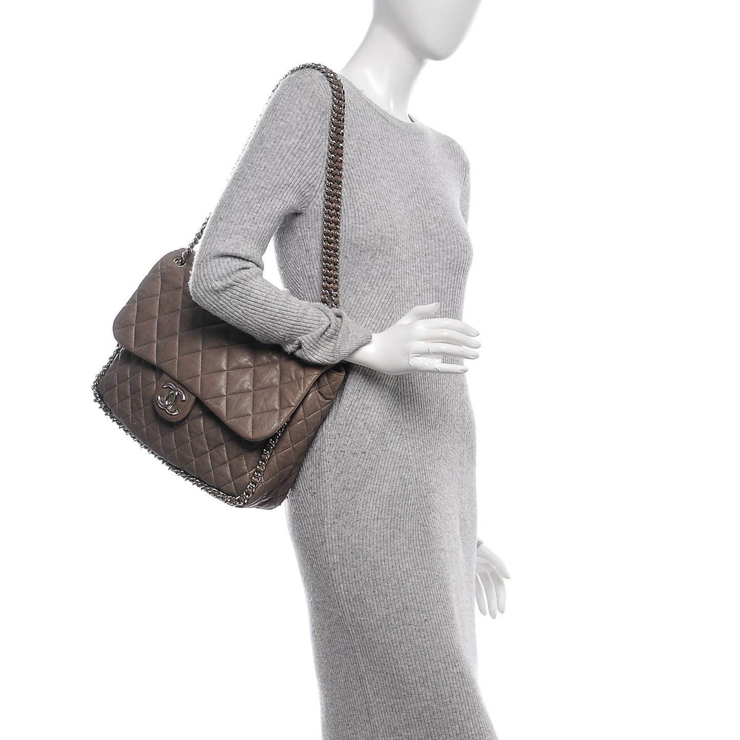 Washed Lambskin Quilted Chain Around Maxi Flap Taupe