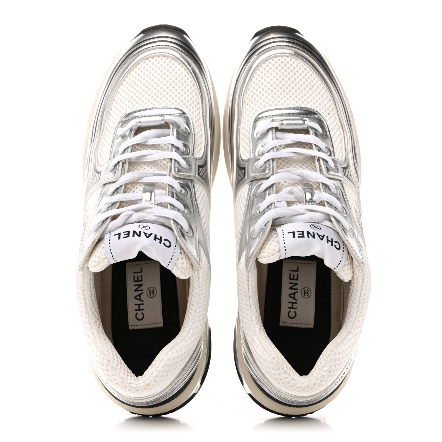 Chanel Fabric Laminated Calfskin Stretch CC Sneakers 41 White Silver 2 of 11