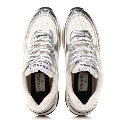 Chanel Fabric Laminated Calfskin Stretch CC Sneakers 41 White Silver 2 of 11