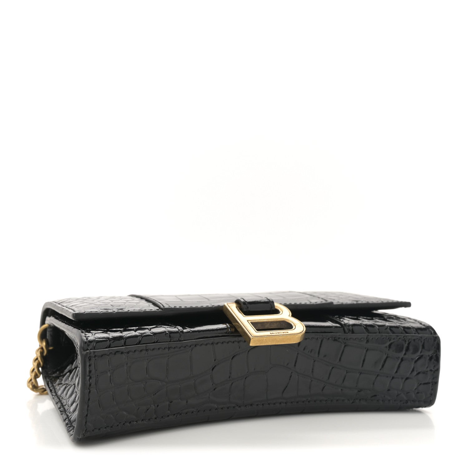 Balenciaga Shiny Calfskin Crocodile Embossed Hourglass Chain Bag Black 4 of 9