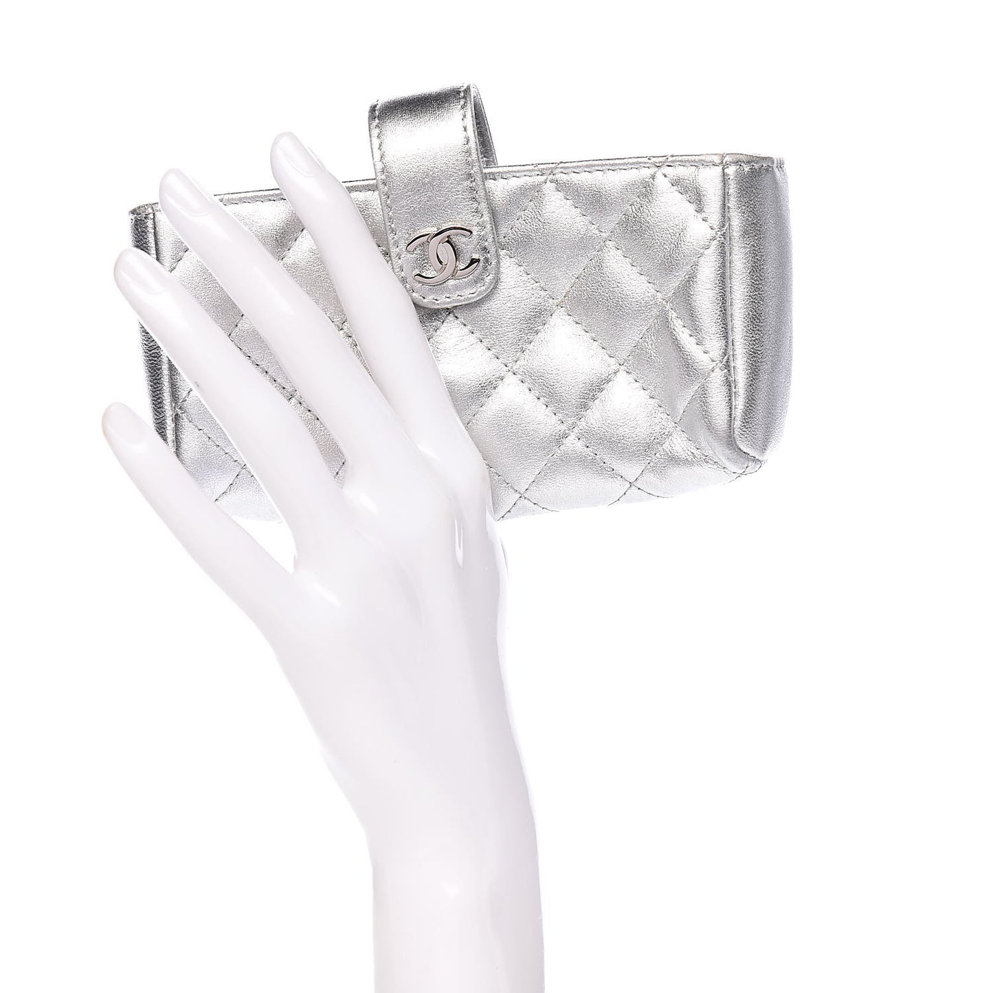Metallic Lambskin Quilted Mini Phone Holder Clutch Silver