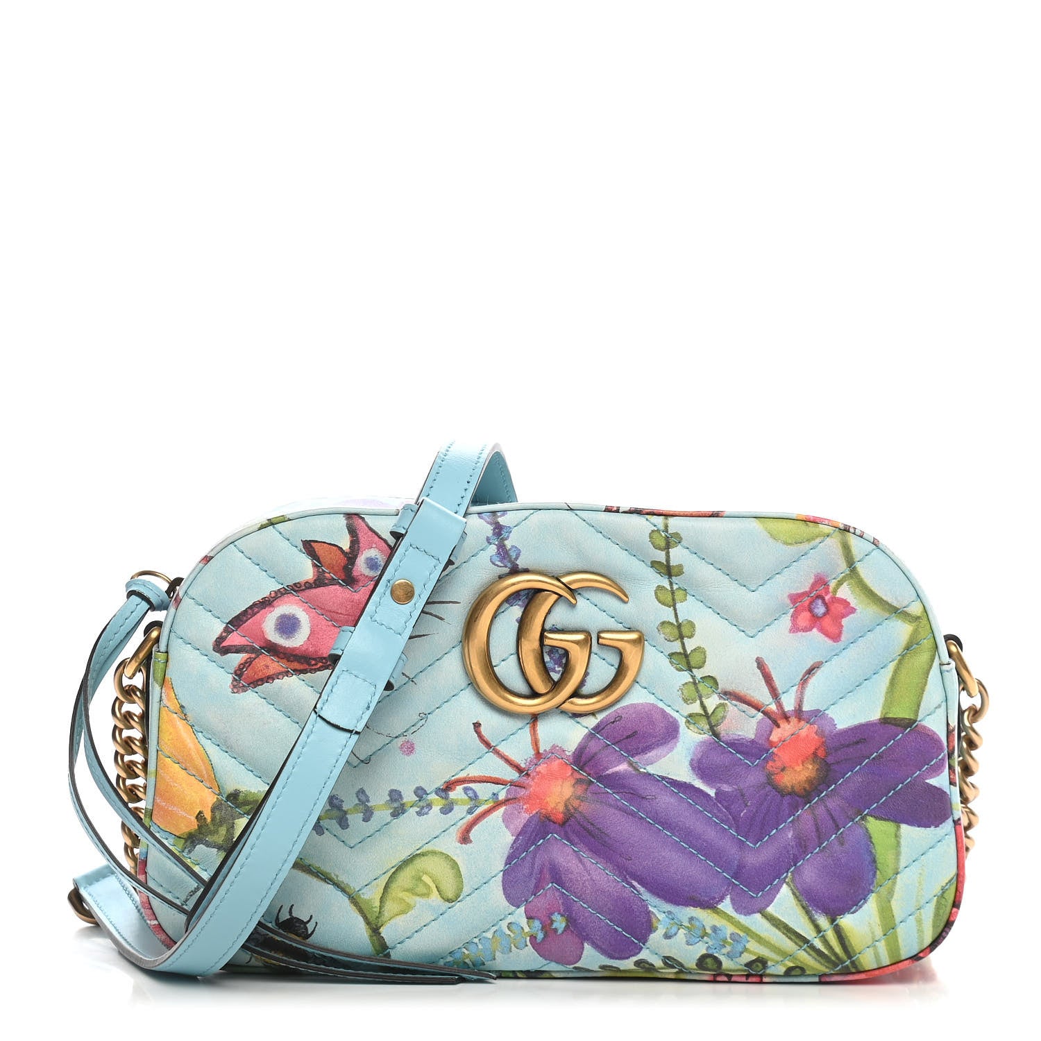 Gucci X UNSKILLED WORKER Calfskin Matelasse Flora Painted Small GG Marmont Chain Shoulder Bag Cloudy Blue Multicolor 1 of 10