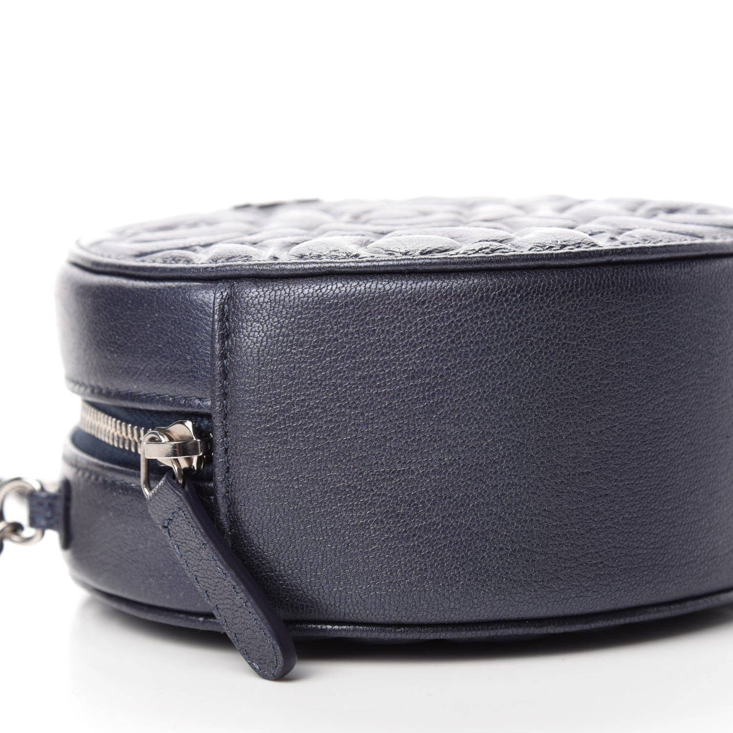 Chanel Goatskin Camellia Embossed Round Clutch With Chain Dark Blue 6 of 12