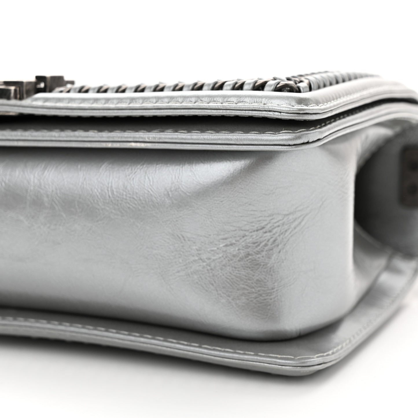 Metallic Aged Calfskin Quilted Medium Top Handle Boy Flap Silver