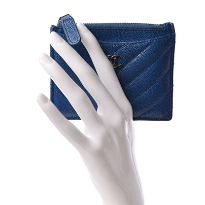 Chanel Caviar Chevron Quilted CC Zip Card Holder Blue 2 of 12