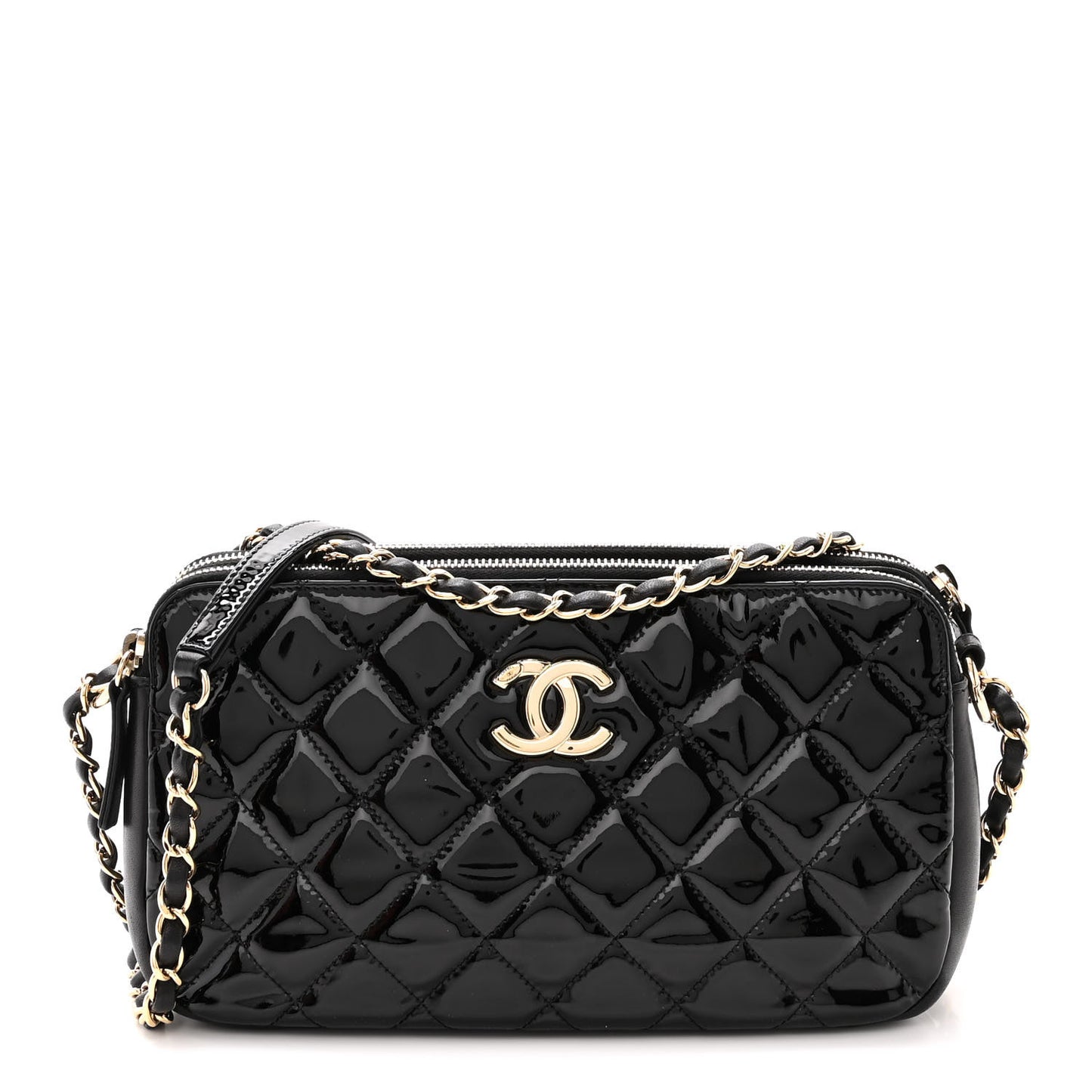 Patent Quilted Crown CC Double Zip Bag Black