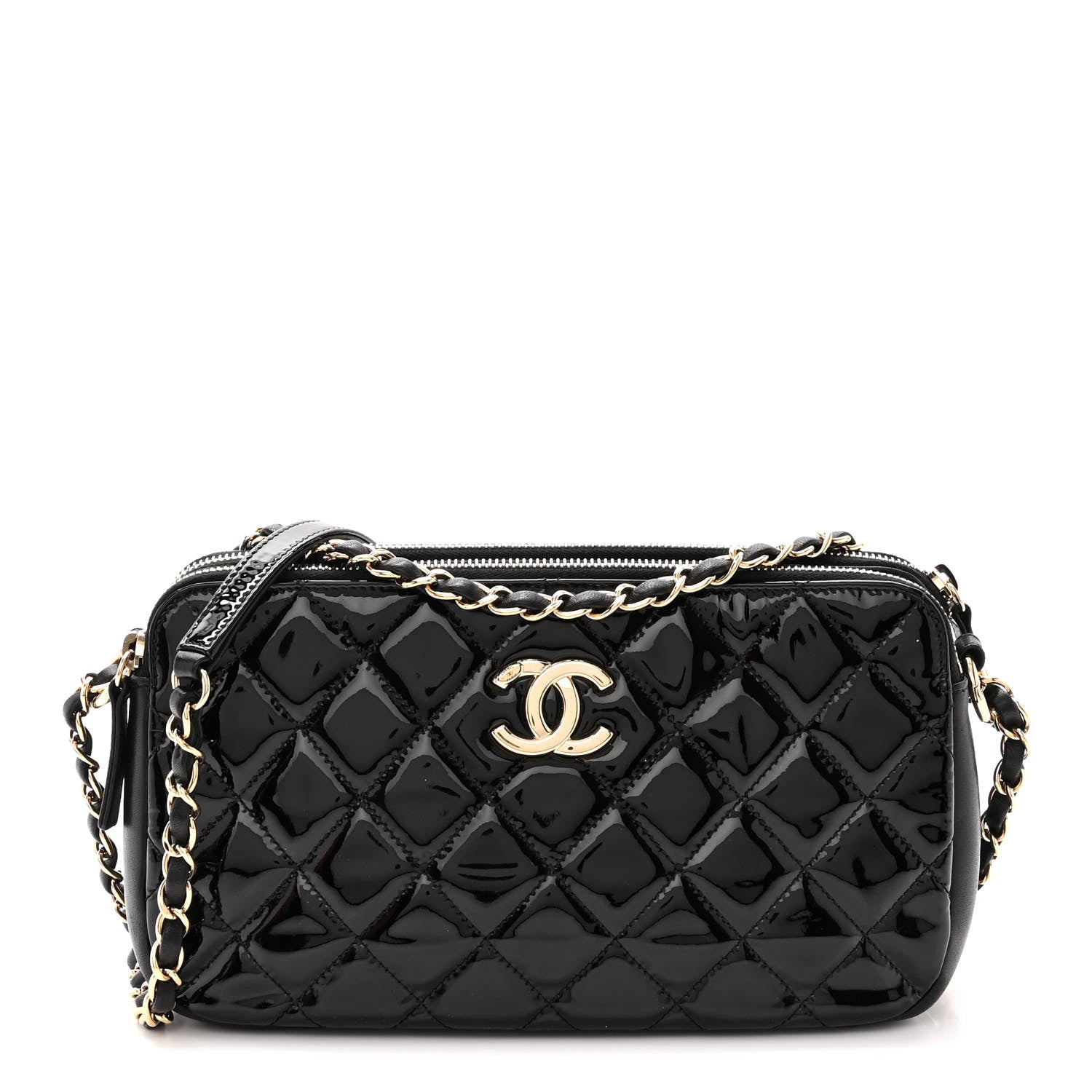 Chanel Patent Quilted Crown CC Double Zip Bag Black 1 of 12