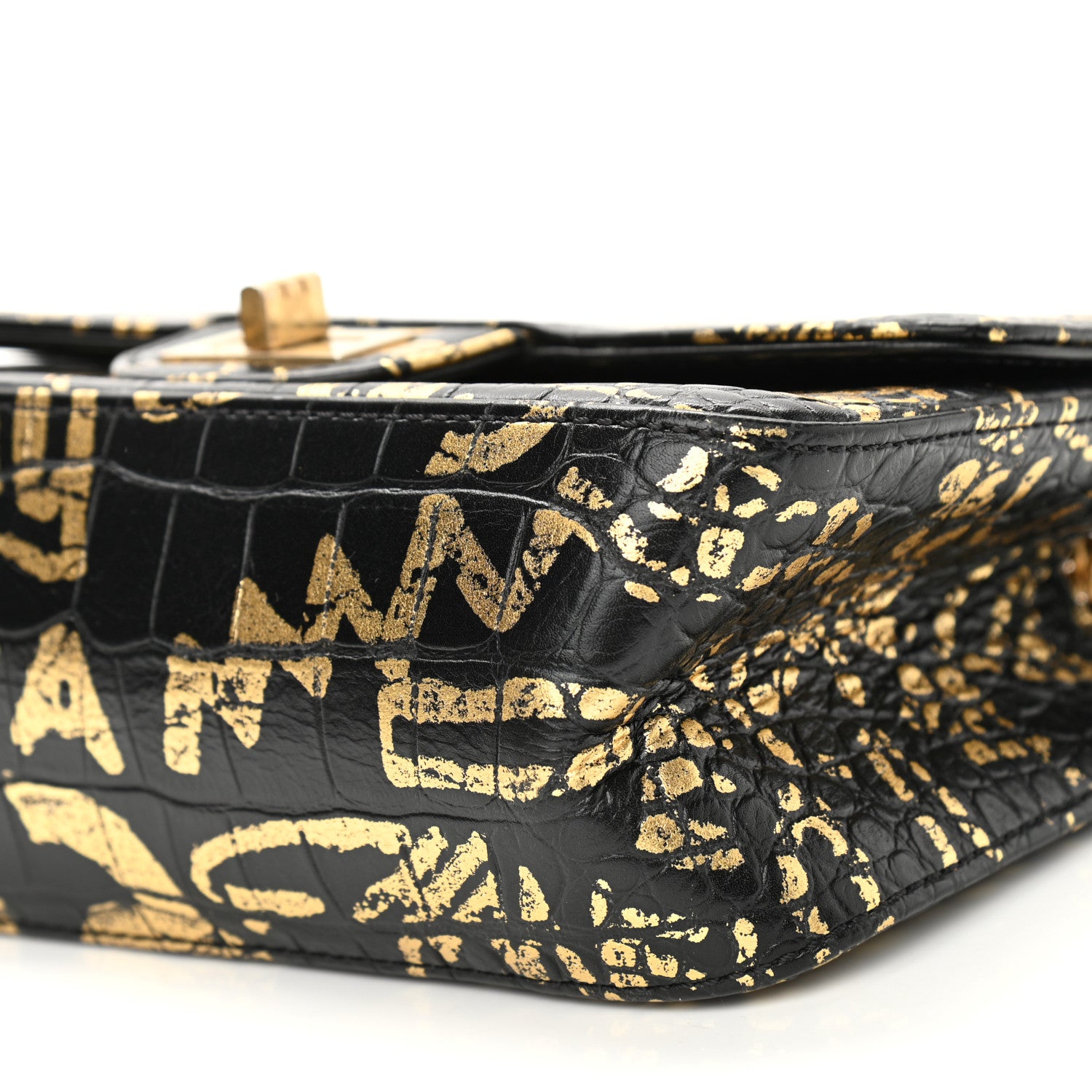 Chanel Calfskin Crocodile Embossed Graffiti 2.55 Mini Cocodile Reissue Flap Black Gold 10 of 11