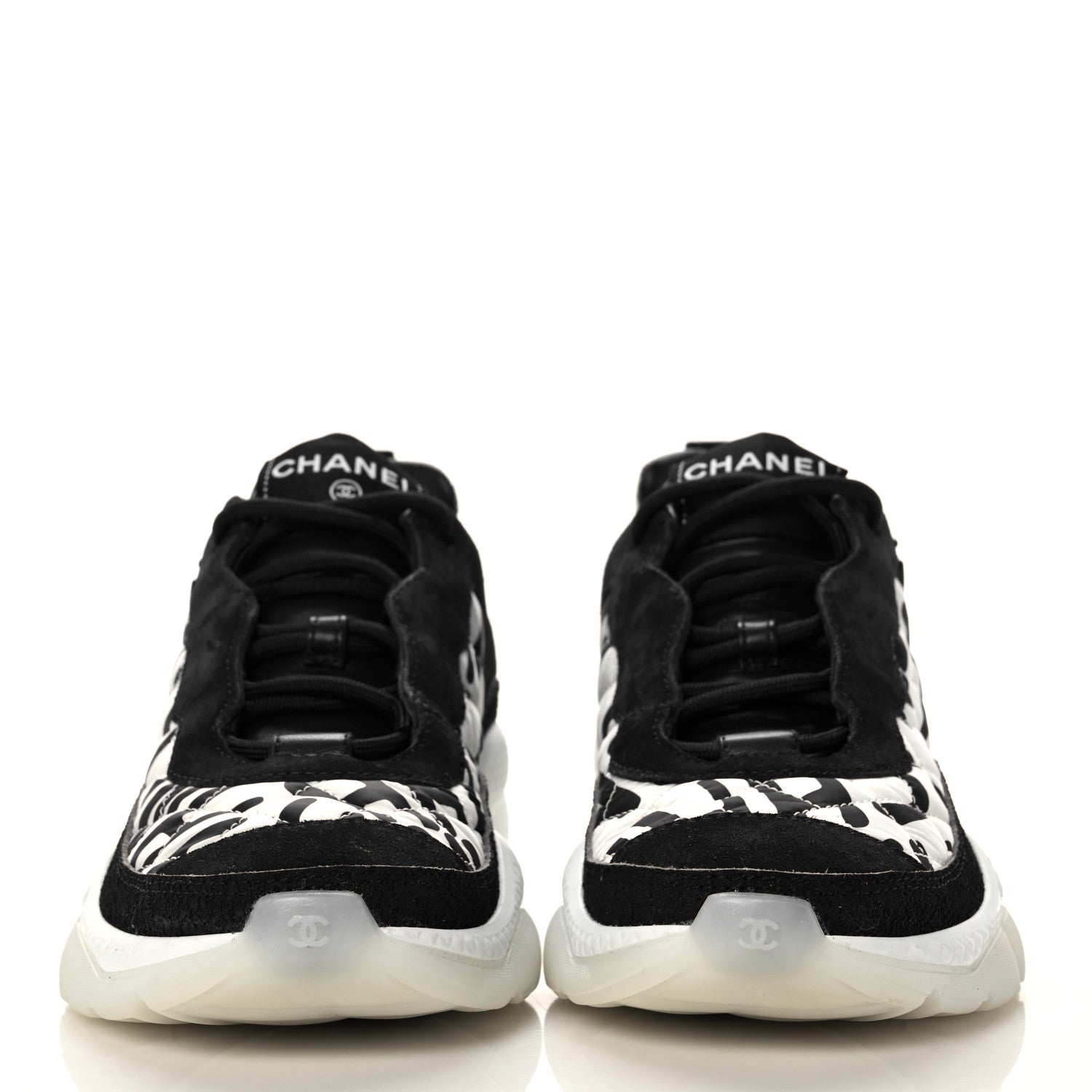 Chanel Nylon Suede Calfskin Printed Sneakers 38.5 White Black 2 of 7