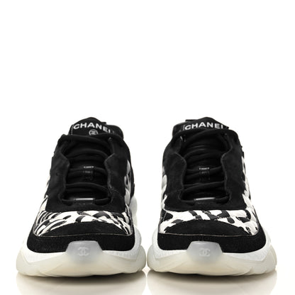 Chanel Nylon Suede Calfskin Printed Sneakers 38.5 White Black 2 of 7