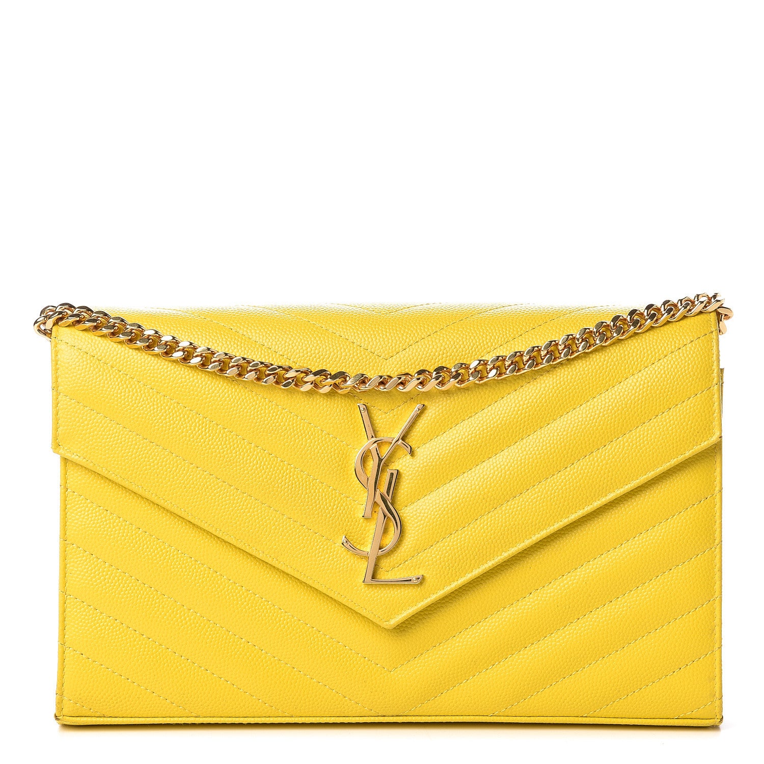 Saint Laurent Grain De Poudre Matelasse Chevron Monogram Chain Wallet Yellow 1 of 11