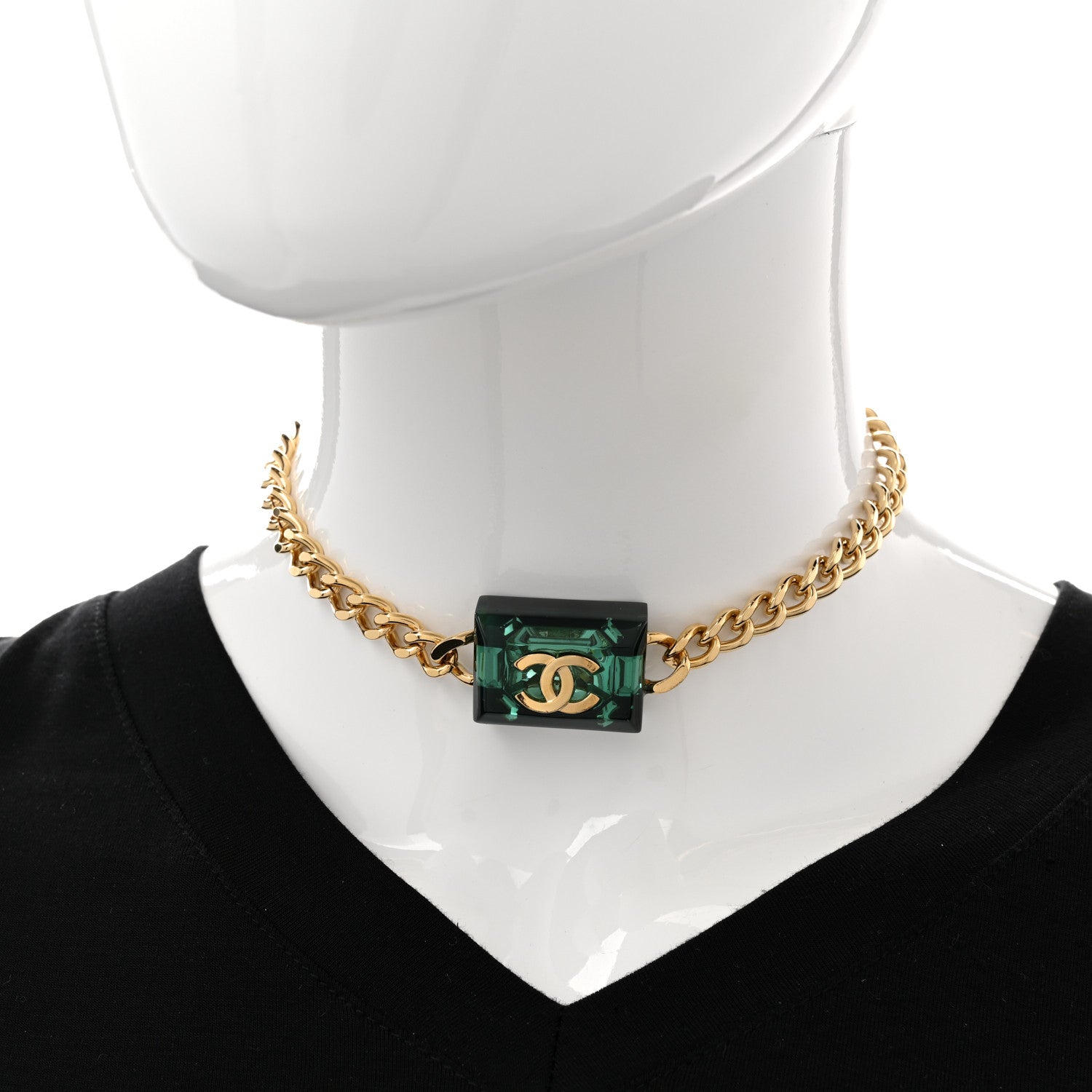 Chanel Metal Resin CC Square Choker Gold Green 2 of 7
