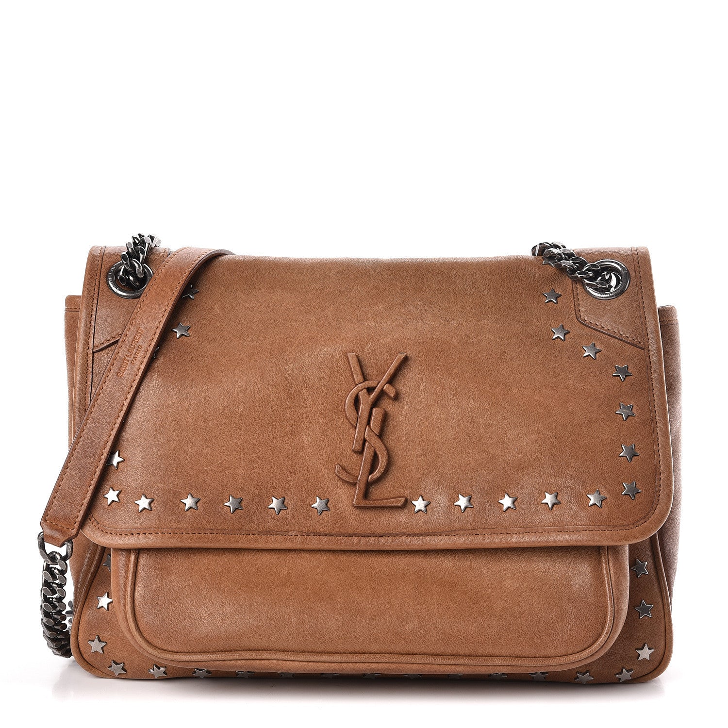 Saint Laurent Calfskin Star Studded Monogram Medium Niki Chain Satchel Brown 1 of 11