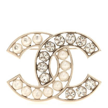 Chanel Pearl Crystal CC Brooch Gold Pearly White 1 of 4