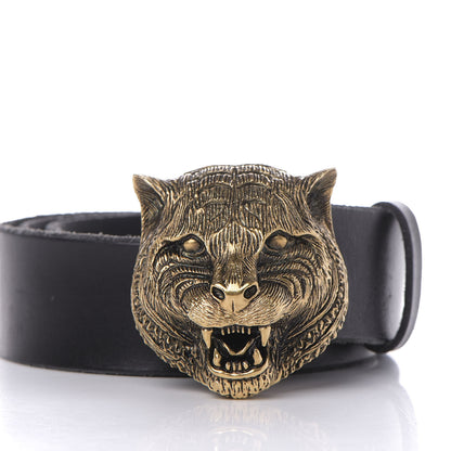 Gucci Calfskin Brass Feline Buckle Belt 80 32 Black 3 of 7