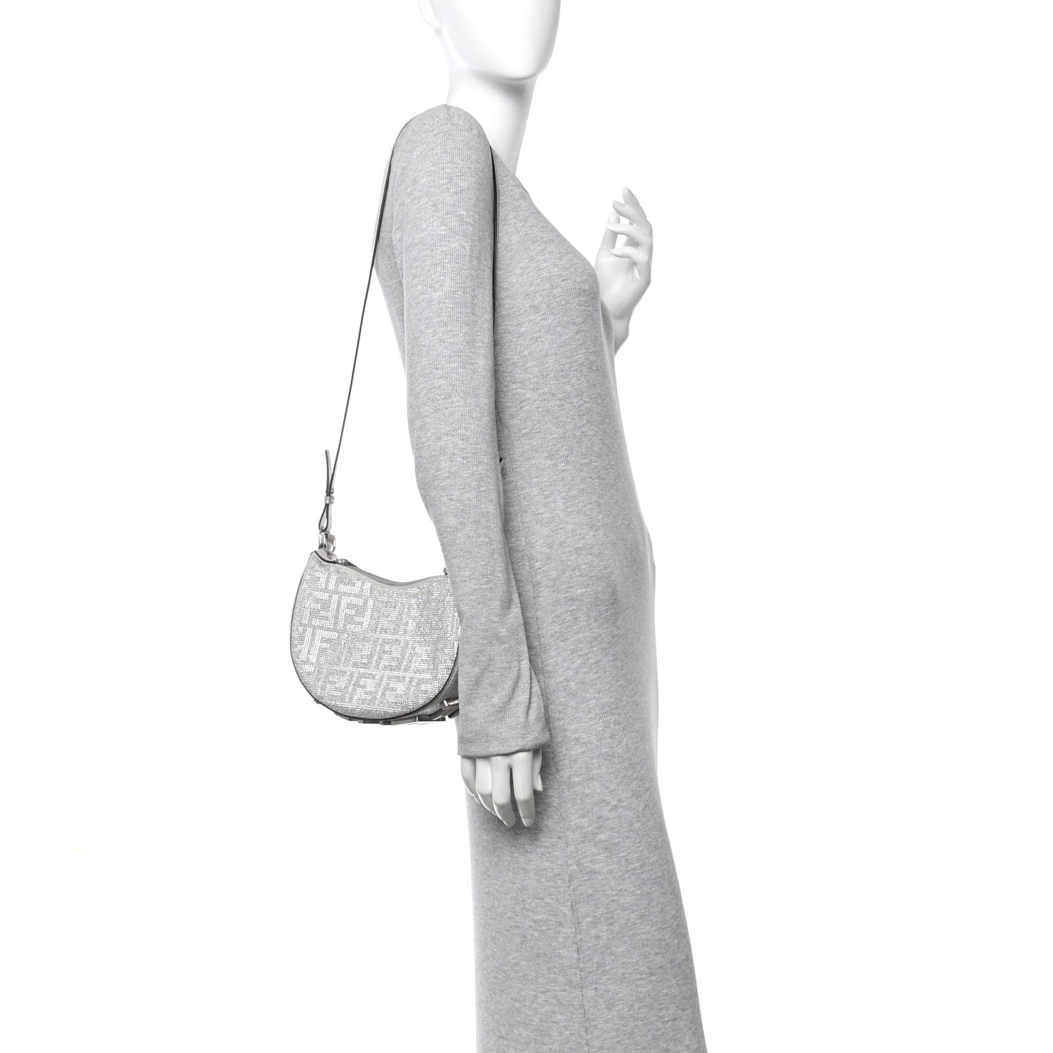 Fendi Crystal Vitello Laminato Suede FF Mini Fendigraphy Hobo Bag Grey 2 of 13