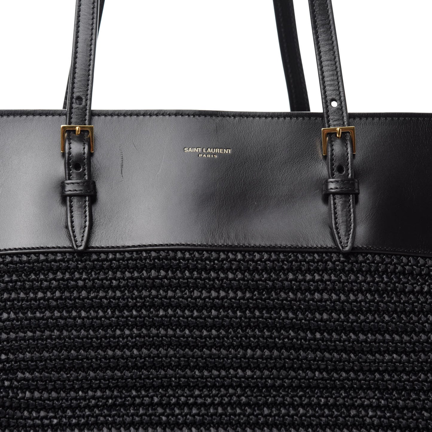 Calfskin Raffia Medium Shopper Tote Black