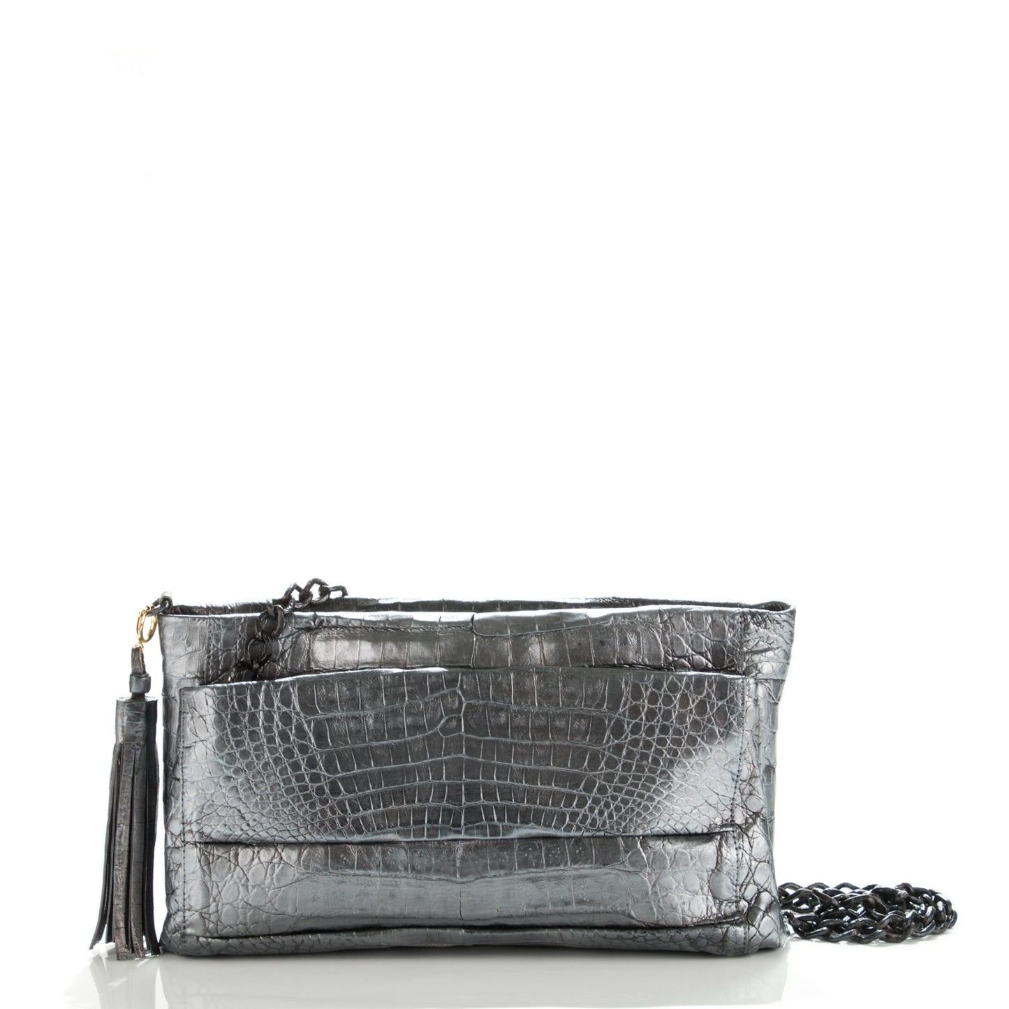 Metallic Crocodile Tassel Chain Shoulder Bag Silver