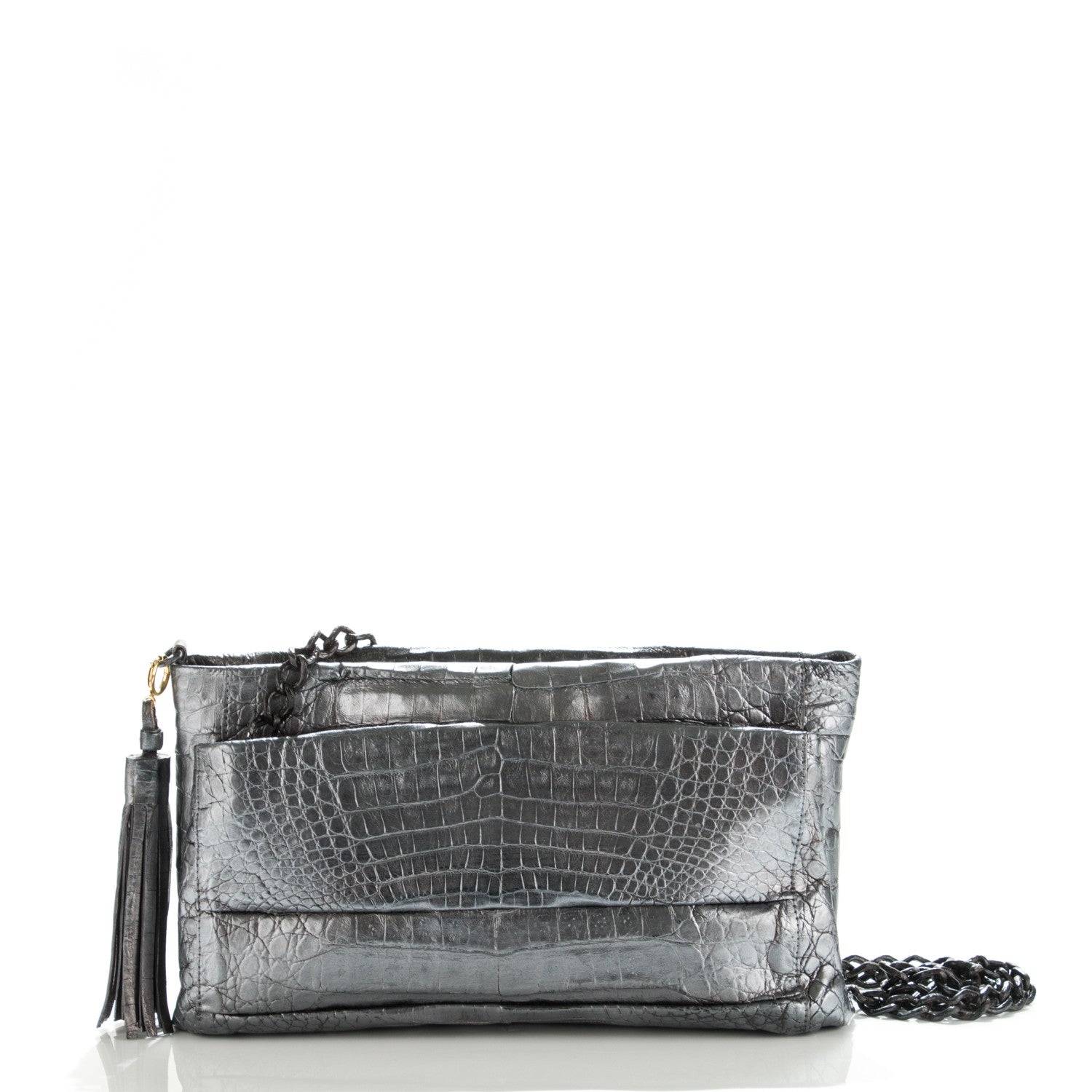 Nancy Gonzalez Metallic Crocodile Tassel Chain Shoulder Bag Silver 1 of 6