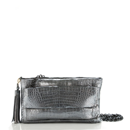 Nancy Gonzalez Metallic Crocodile Tassel Chain Shoulder Bag Silver 1 of 6