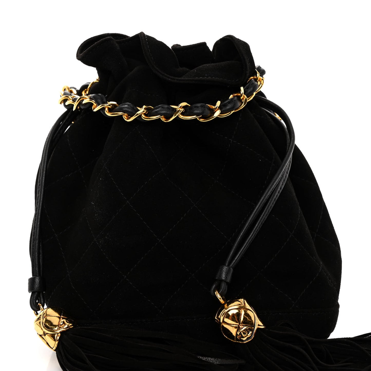 Suede Drawstring Tassel Bucket Bag Black