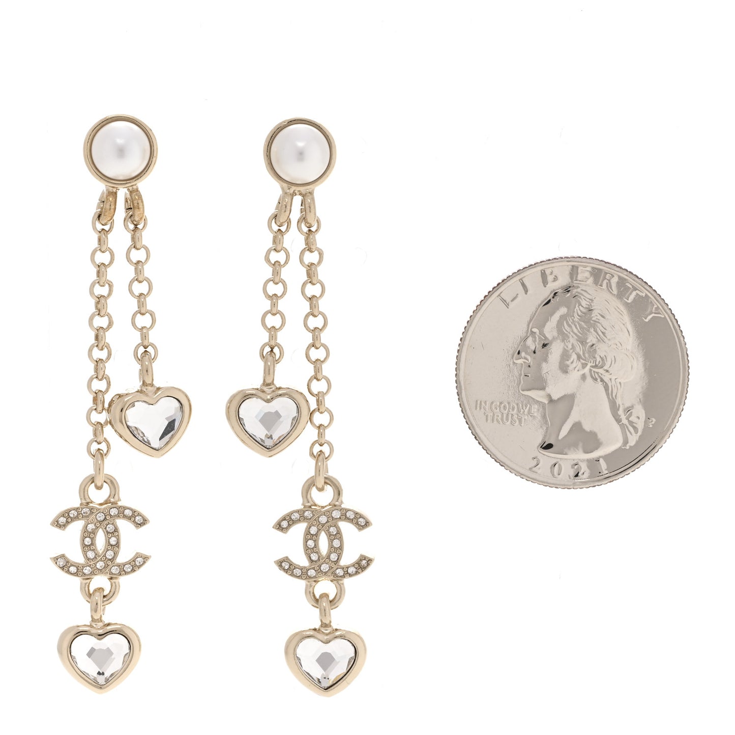 Metal Crystal Pearl CC Drop Heart Chain Earrings Gold