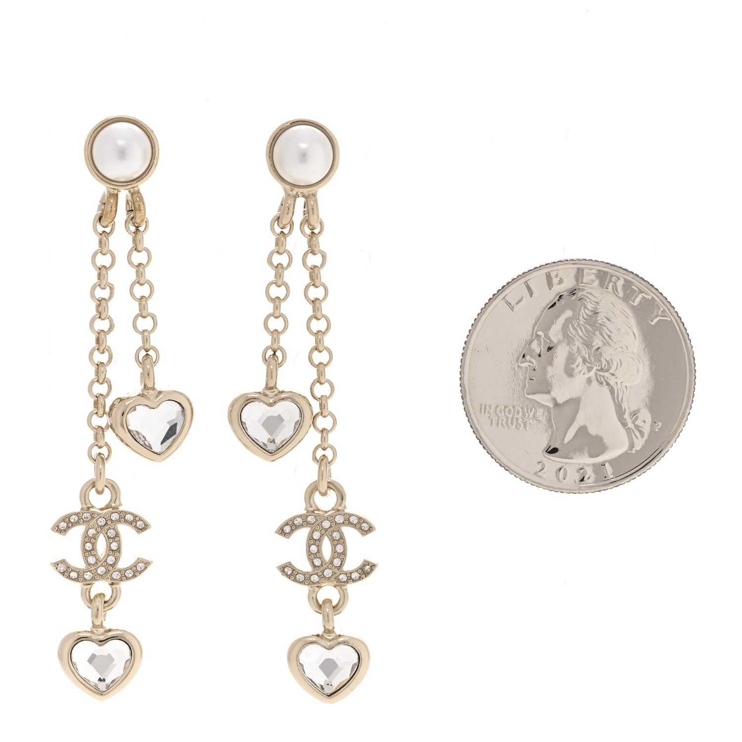 Chanel Metal Crystal Pearl CC Drop Heart Chain Earrings Gold 2 of 5