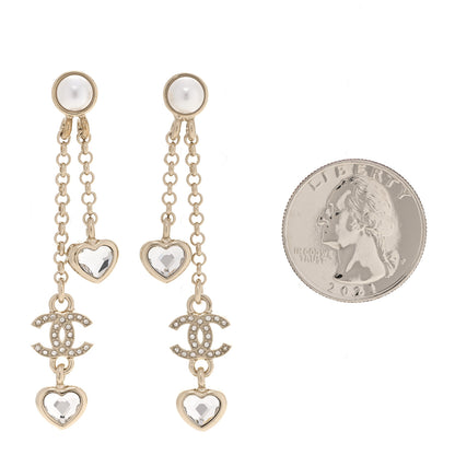 Chanel Metal Crystal Pearl CC Drop Heart Chain Earrings Gold 2 of 5