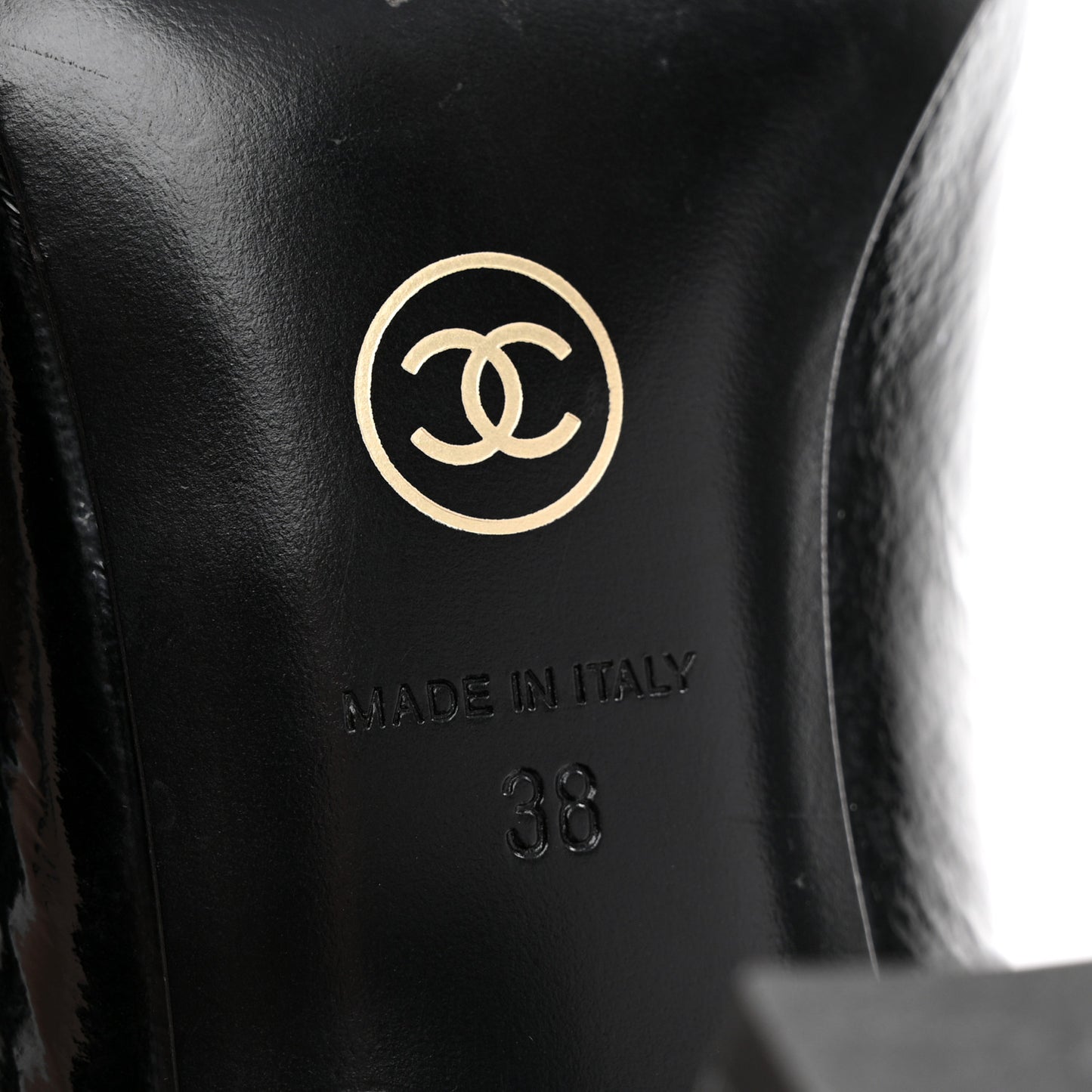 Patent Calfskin Crystal Cap Toe Logo Pumps 38 Black