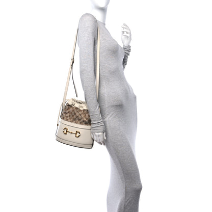 Gucci Monogram Textured Calfskin Horsebit 1955 Drawstring Bucket Bag Beige Mystic White 2 of 13