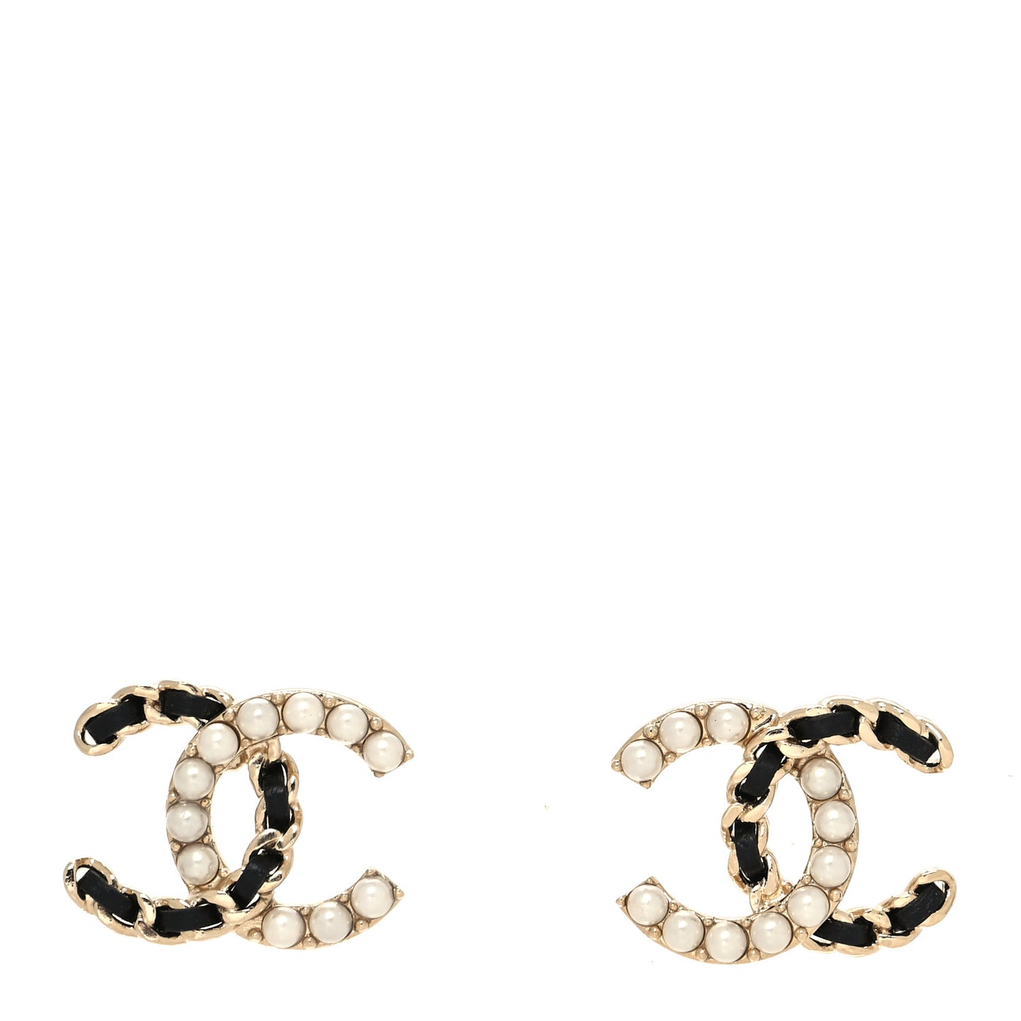 Pearl Lambskin Chain CC Stud Earrings Gold Black